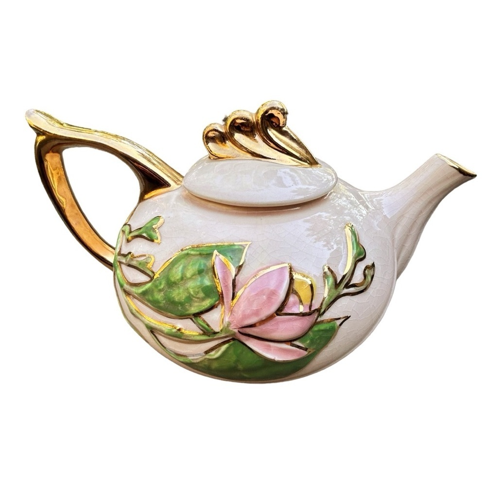 Hull Art Porcelain Magnolia and Gold Trim Teapot U.S.A. 1940's - Picture 3 of 14